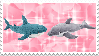 stamp of two ikea shark plushies against a pink glittery background